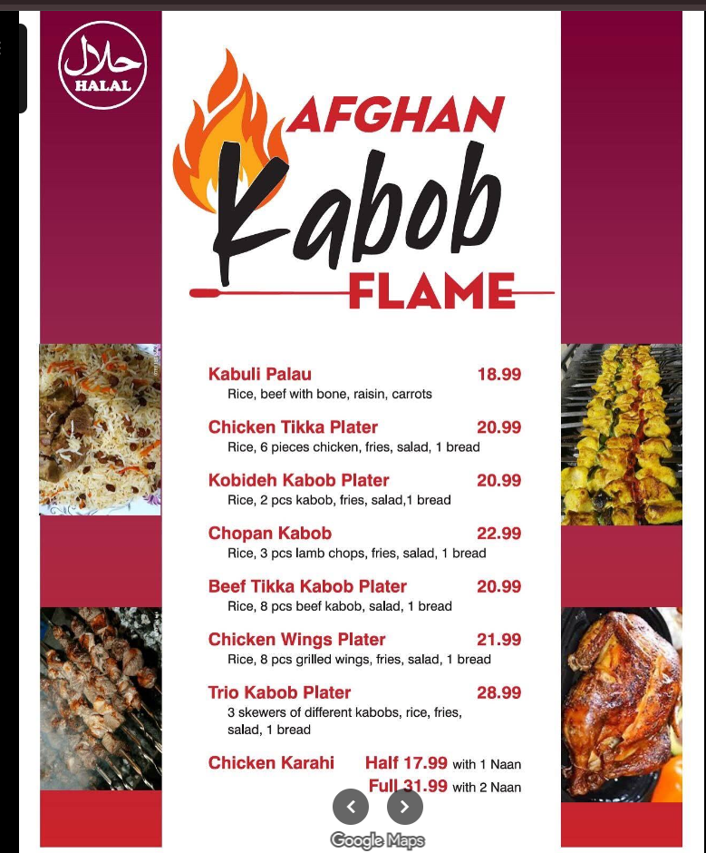 Original printed kabob, platter and chicken karahi menu with prices.