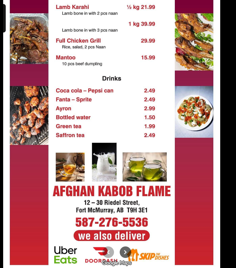 Original printed lamb karahi, full chicken grill, Mantoo and drinks menu with prices.